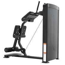 Load image into Gallery viewer, A black FFITTECH standing leg curl machine for exercise, featuring a cushioned seat and backrest, with a loading ramp.