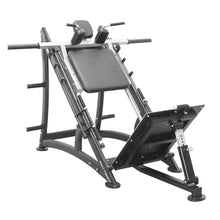 Load image into Gallery viewer, A black FFITTECH Hack Squat machine with aluminum and stainless steel structure, featuring a backrest and thigh support.