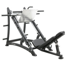 Load image into Gallery viewer, A black FFITTECH leg press machine with a 45-degree angle, featuring a stainless steel and aluminum structure, and upholstered in black with white double stitching.