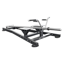Load image into Gallery viewer, A FFITTECH T BAR ROW machine, primarily gray in color, made of aluminum and stainless steel, with white upholstery and double stitching.
