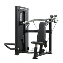 Load image into Gallery viewer, A black shoulder press convergent machine with a padded seat and back pad, featuring a metallic structure and the brand 'FFITTECH' at the top.