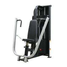 Load image into Gallery viewer, A FFITTECH chest press exercise machine with black upholstery, aluminum and stainless steel structure, and white double stitching.