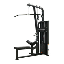 Load image into Gallery viewer, A black FFITTECH pulldown and low row gym machine with a seat, backrest, and a barbell-style loading mechanism.