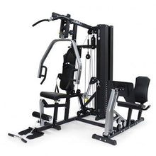 Load image into Gallery viewer, A comprehensive view of the Horizon Multigym - Torus 5, showcasing various stations for upper and lower body workouts, with a focus on the leg press and vertical knee raise stations.