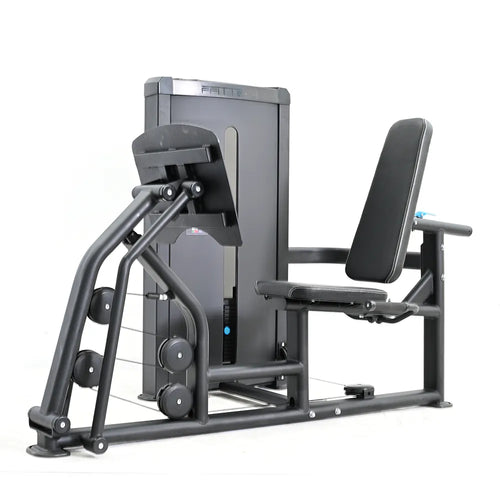 A black FFITTECH seated leg press machine with a padded seat and backrest, featuring a stainless steel and aluminum structure, and a loading area for weights.