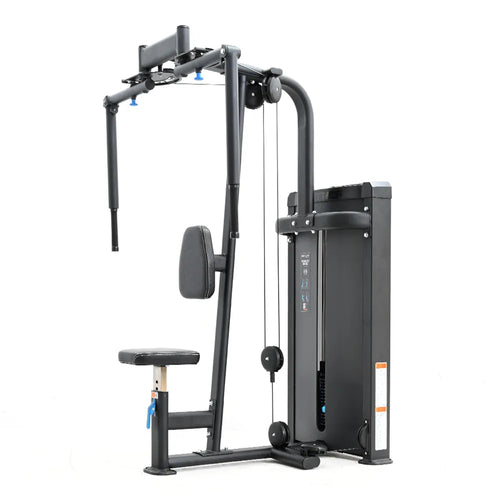 A black gym machine with a pectoral fly and rear delt workout station, featuring a seat and various handles and straps for exercise.