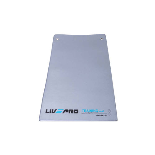 A gray Livepro hanging core mat with the brand's logo and the text 'LIVEPRO TRAINING' on it, designed for floor exercises and sports activities.