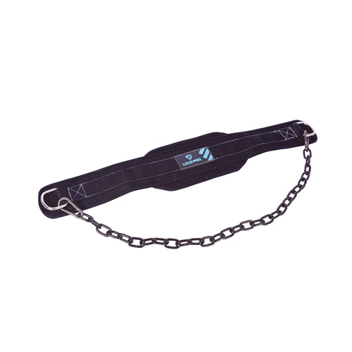 A black weight lifting belt with a chain attachment, designed for comfort and durability.