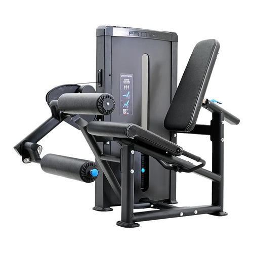 A black FFITTECH leg curl machine with stainless steel and aluminum structure, featuring a backrest and thigh support.