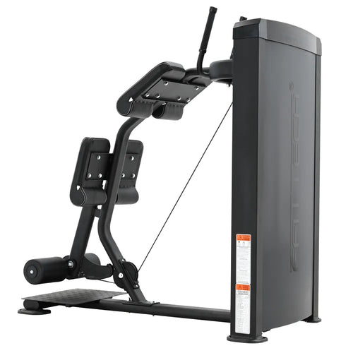 A black FFITTECH standing leg curl machine for exercise, featuring a cushioned seat and backrest, with a loading ramp.
