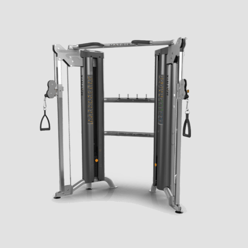 A Varsity Functional Trainer 1:2 exercise machine, featuring two adjustable pulleys and a digital control panel, primarily in gray and black colors.
