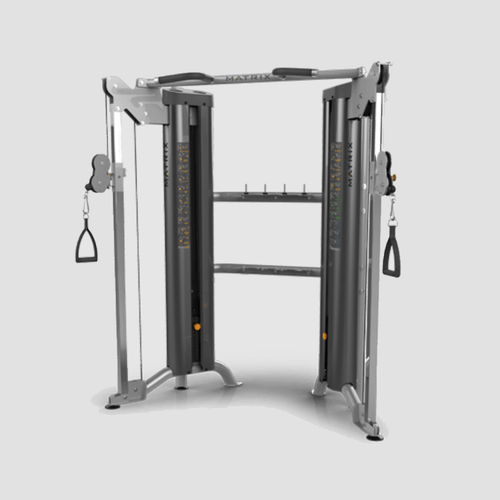 A gray and silver functional trainer exercise machine with adjustable cable columns and multiple weight stacks.