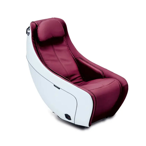 A compact maroon and white massage chair with a sleek design, featuring a headrest and armrests. Massage Chair Compact CIRC