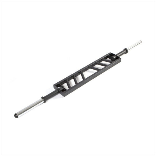 A black multi-grip barbell with knurled handles, profile steel with powder coating, and chromed sleeves.