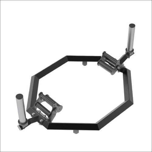 A black and silver hex barbell designed for shrugs, cross lifting, and knee bends, with knurled grips and chromed sleeves.