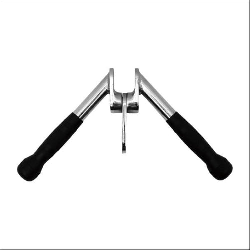 A chrome and black colored tricep v bar with rotating joint and non-slip PU grips.