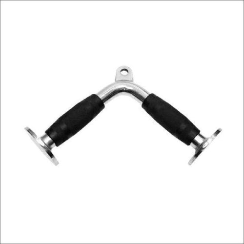 A pair of triceps V handles with black and chrome finishes designed for cable tower workouts.