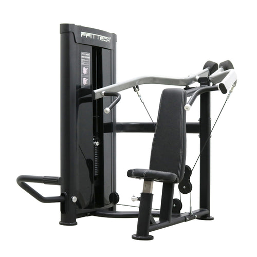 A black shoulder press convergent machine with a padded seat and back pad, featuring a metallic structure and the brand 'FFITTECH' at the top.