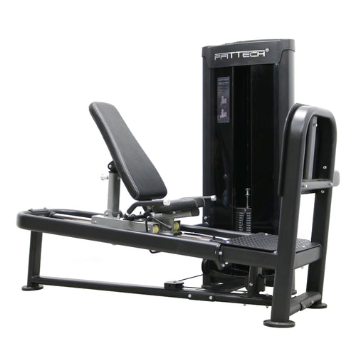 A black FFITTECH seated leg press machine for fitness workouts, featuring a padded seat and a supportive backrest.