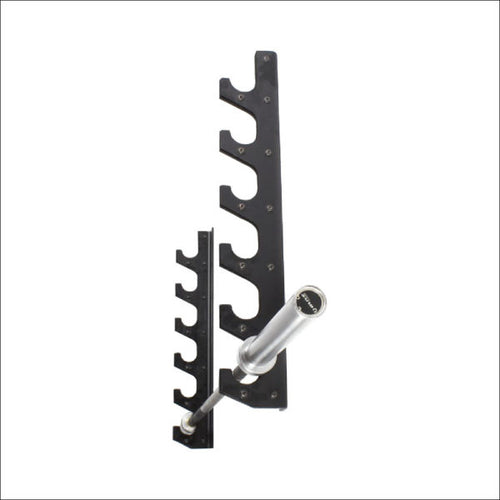 A wall-mounted bar rack designed to store horizontal bars, featuring a black powder-coated sheet steel frame with a plastic track to protect the bar's surface.