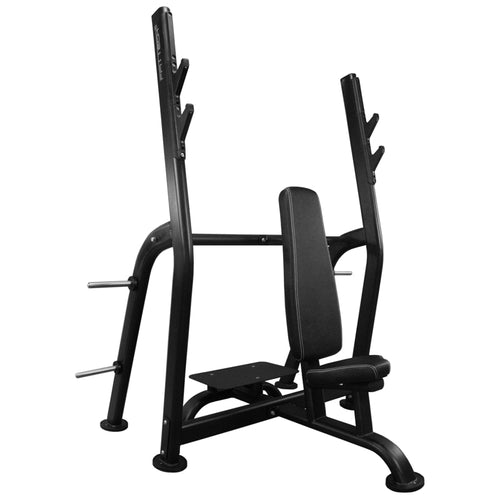 An Olympic shoulder bench with a black backrest and seat, aluminum and stainless steel frame, and a padded support behind for grip and support during exercises.