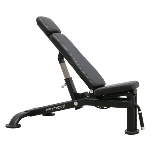 An adjustable exercise bench with a black pad and a metallic frame and adjustment mechanism.