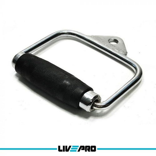 A pair of LIVEPRO cable cross handles with black non-slip PU grips and chrome-plated steel structure.