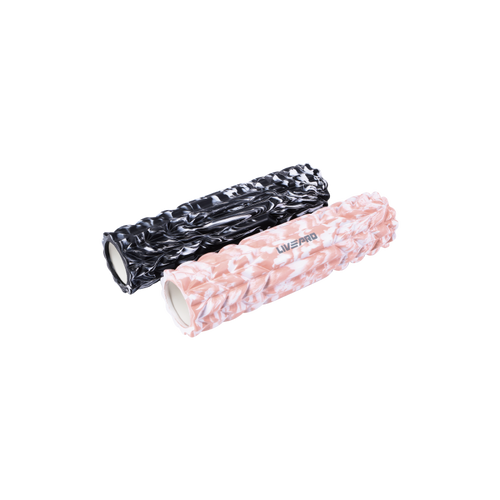 Two foam rollers, one black and one pink, with textured surfaces for massage.