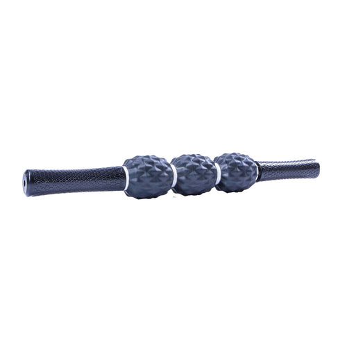 A black magnetic massage stick with three rounded rollers attached to a textured handle.