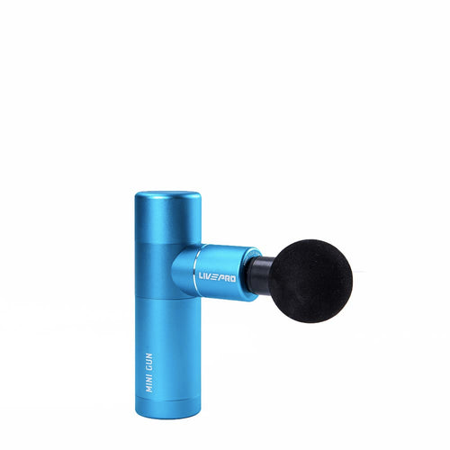 A blue LIVEPRO massage gun with a black massage head, featuring an aviation-grade aluminum body and a rechargeable battery.