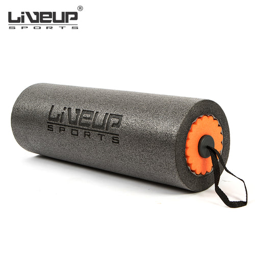 A gray foam roller with orange accents, branded with the LIVEUP Sports logo, including a massage stick.
