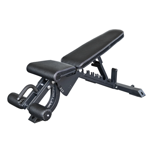 A black multi-adjustable bench designed for fitness, showing an incline position.